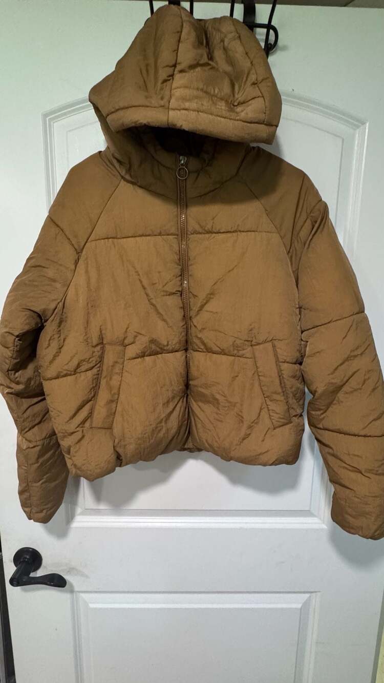 Cropped Hooded Puffer Jacket Brown Quiet Luxury Minimalist Coat Small